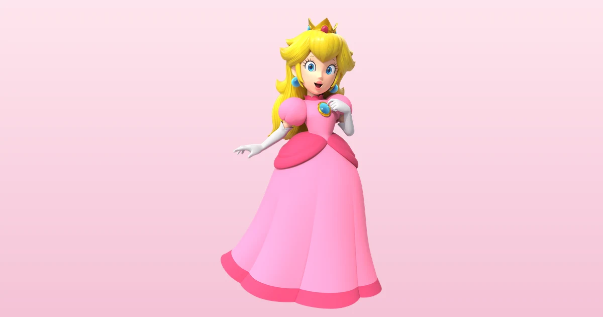 Princesa Peach, soberana del Reino Champiñón, posa con su icónico vestido rosa y corona dorada en render oficial Nintendo.