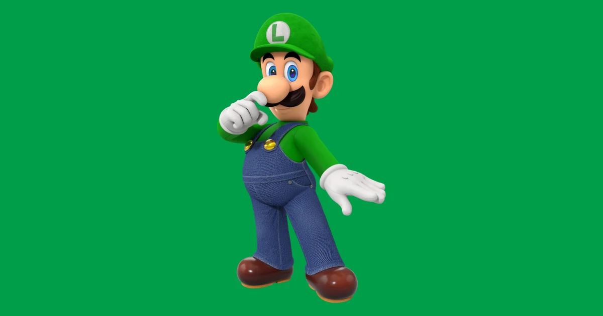 Luigi, icónico fontanero verde de Nintendo y hermano de Mario, posa con gorra y camisa verdes y peto azul