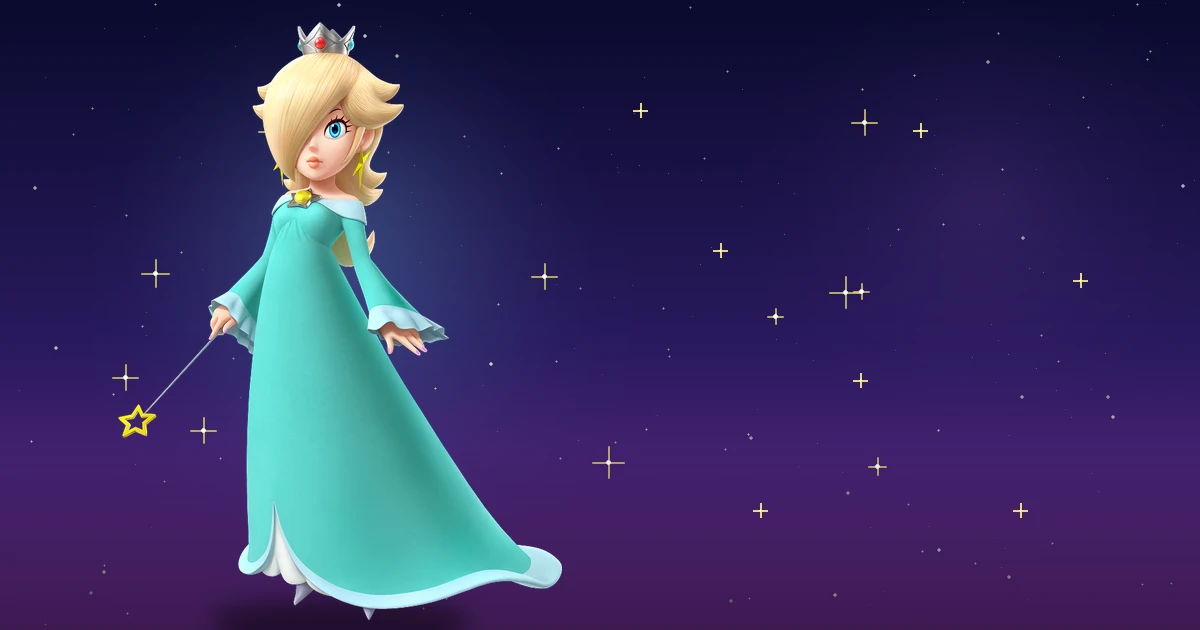Rosalina, princesa cósmica de Super Mario Galaxy, con vestido turquesa, corona y varita estrella en fondo estrellado