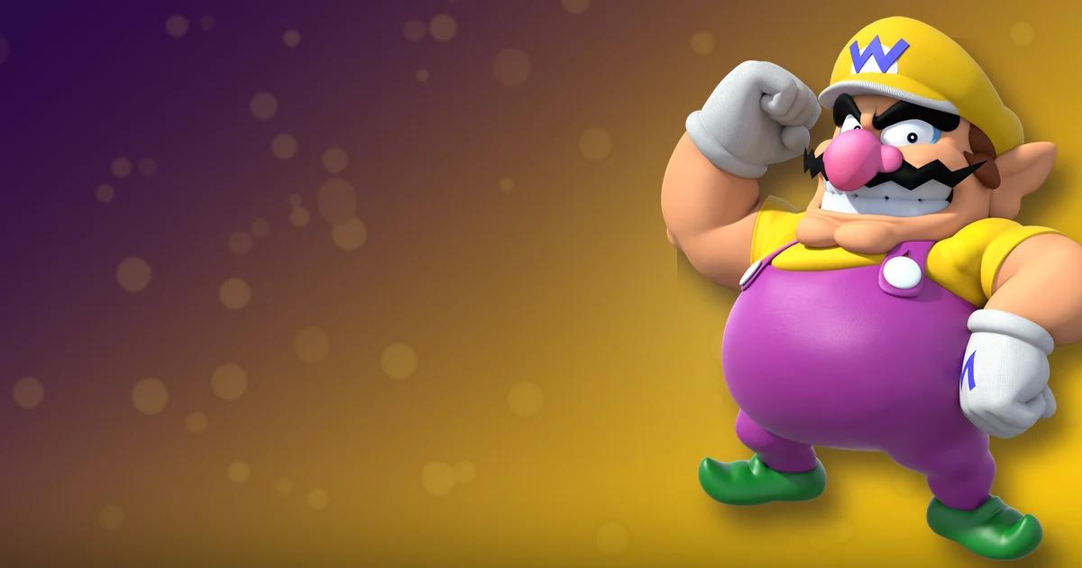 Wario, antihéroe codicioso de Nintendo con gorra amarilla W y peto morado sobre fondo amarillo y púrpura