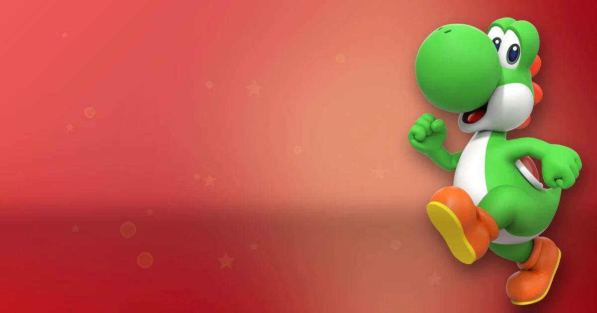 Yoshi, dinosaurio verde de Nintendo, salta con ánimo mostrando su clásica sonrisa y botas naranjas sobre fondo rojo