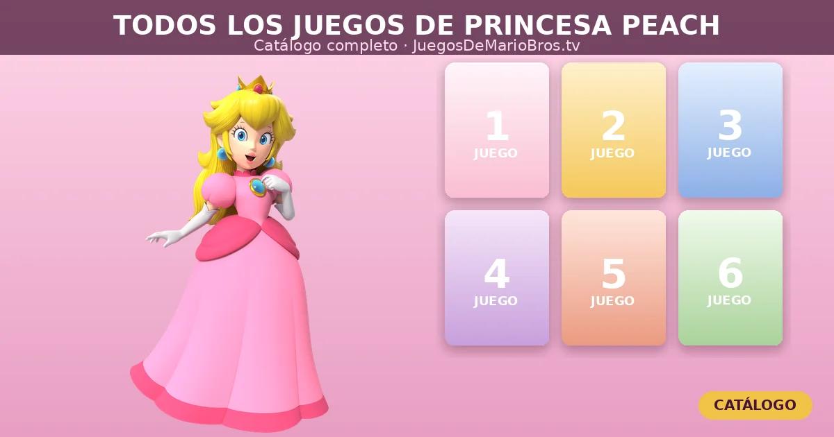 Princesa Peach junto a mosaico de tarjetas de catálogo de juegos, portada del catálogo completo